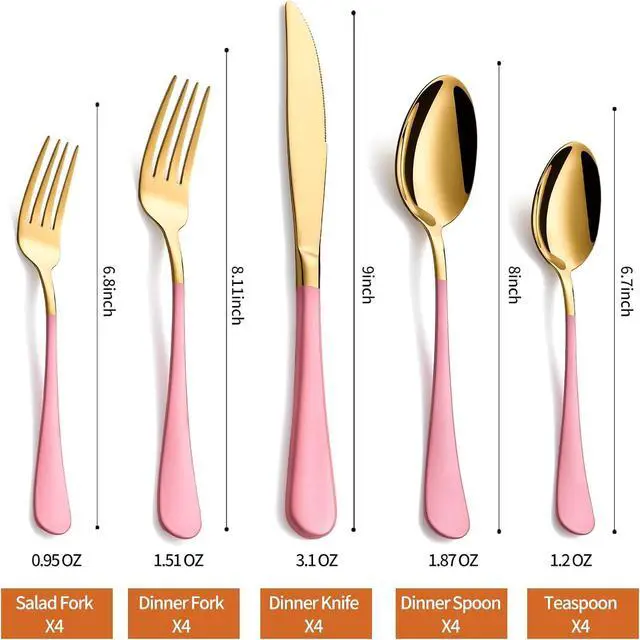 Alt view image 2 of 7 - 20 Piece Gold and Pink 18/0 Flatware Utensil Set for 4, Include Dinner Knife,Dinner Forks,Dinner Spoons,Salad Forks,Teaspoons,Silverware Set for 4, Dishwasher Safe