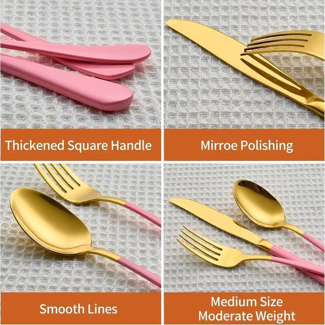Alt view image 3 of 7 - 20 Piece Gold and Pink 18/0 Flatware Utensil Set for 4, Include Dinner Knife,Dinner Forks,Dinner Spoons,Salad Forks,Teaspoons,Silverware Set for 4, Dishwasher Safe