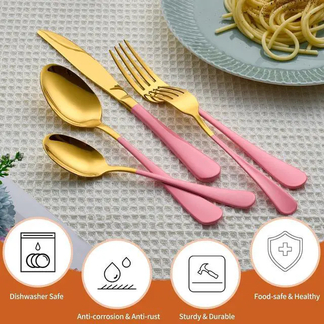 Alt view image 4 of 7 - 20 Piece Gold and Pink 18/0 Flatware Utensil Set for 4, Include Dinner Knife,Dinner Forks,Dinner Spoons,Salad Forks,Teaspoons,Silverware Set for 4, Dishwasher Safe
