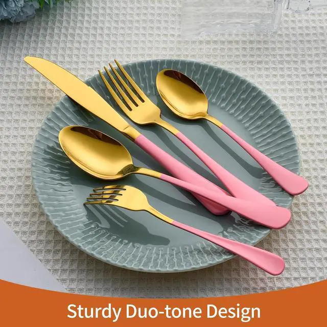 Alt view image 5 of 7 - 20 Piece Gold and Pink 18/0 Flatware Utensil Set for 4, Include Dinner Knife,Dinner Forks,Dinner Spoons,Salad Forks,Teaspoons,Silverware Set for 4, Dishwasher Safe