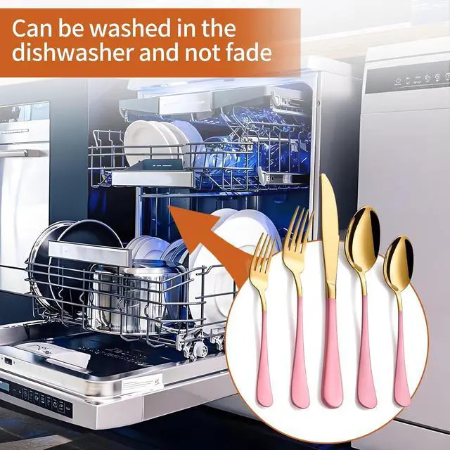 Alt view image 6 of 7 - 20 Piece Gold and Pink 18/0 Flatware Utensil Set for 4, Include Dinner Knife,Dinner Forks,Dinner Spoons,Salad Forks,Teaspoons,Silverware Set for 4, Dishwasher Safe