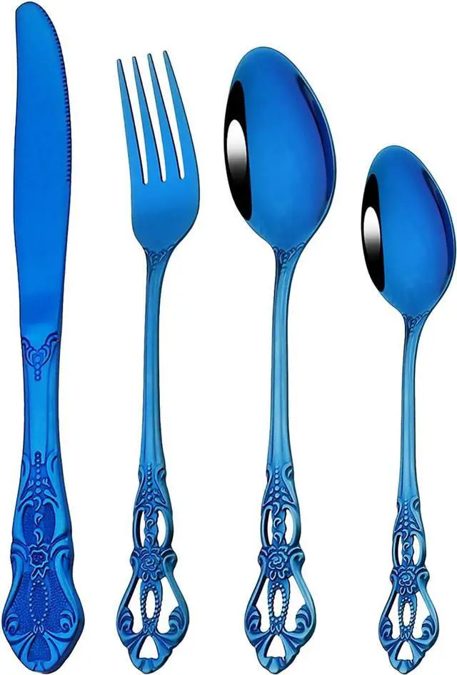 Main image of Royal 24-piece Blue Mirror Silverware Dinnerware, 18/10 Stainless Steel Luxury Flatware Service For 6 Include Knives/Forks/Spoons/Teaspoons, Dishwasher Safe