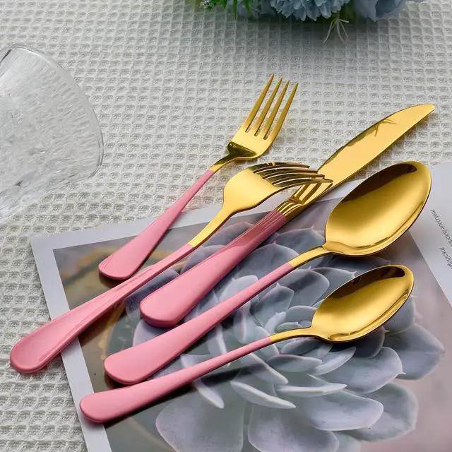 Alt view image 7 of 7 - 20 Piece Gold and Pink 18/0 Flatware Utensil Set for 4, Include Dinner Knife,Dinner Forks,Dinner Spoons,Salad Forks,Teaspoons,Silverware Set for 4, Dishwasher Safe