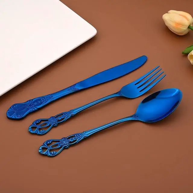 Alt view image 2 of 6 - Royal 24-piece Blue Mirror Silverware Dinnerware, 18/10 Stainless Steel Luxury Flatware Service For 6 Include Knives/Forks/Spoons/Teaspoons, Dishwasher Safe