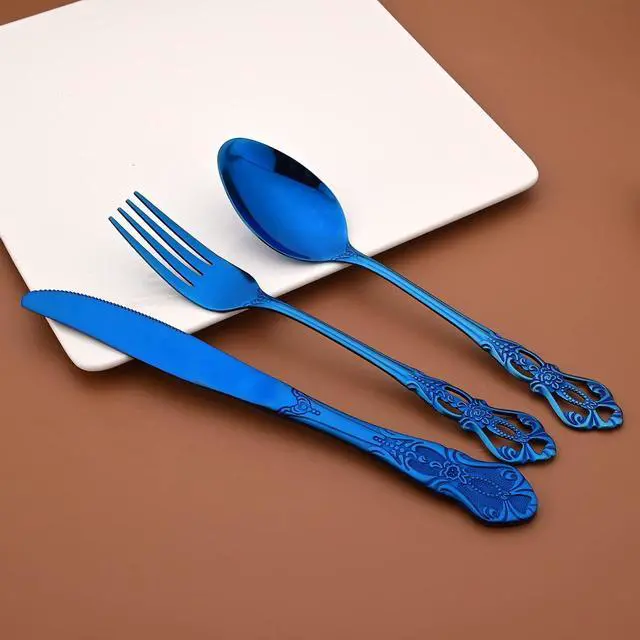 Alt view image 4 of 6 - Royal 24-piece Blue Mirror Silverware Dinnerware, 18/10 Stainless Steel Luxury Flatware Service For 6 Include Knives/Forks/Spoons/Teaspoons, Dishwasher Safe