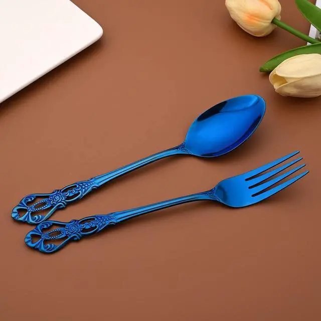 Alt view image 6 of 6 - Royal 24-piece Blue Mirror Silverware Dinnerware, 18/10 Stainless Steel Luxury Flatware Service For 6 Include Knives/Forks/Spoons/Teaspoons, Dishwasher Safe