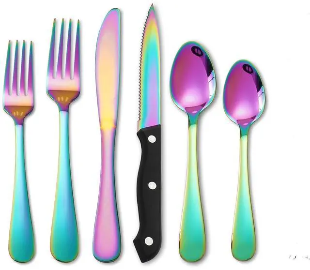 Main image of Rainbow Silverware Sets with Steak Knife - 24 PC Stainless Steel Silverware Sets Service for 4 Dishwasher Safe, Mirror Polished Flatware Set For Home,Restaurant,Hotel, Wedding, Parties