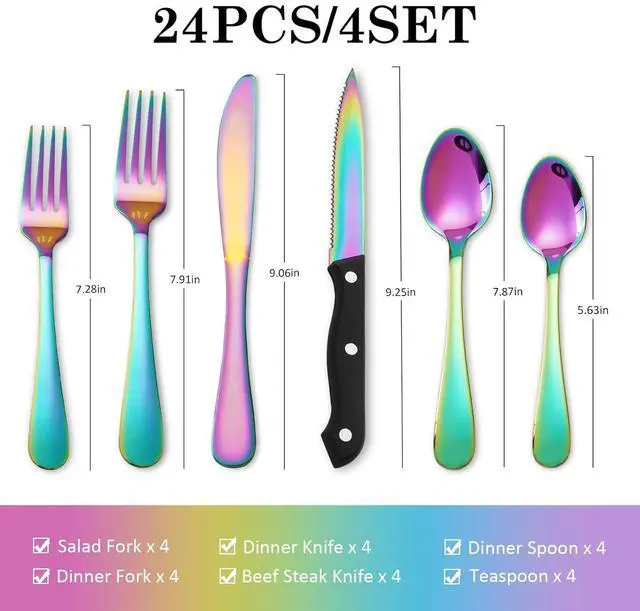 Alt view image 2 of 7 - Rainbow Silverware Sets with Steak Knife - 24 PC Stainless Steel Silverware Sets Service for 4 Dishwasher Safe, Mirror Polished Flatware Set For Home,Restaurant,Hotel, Wedding, Parties