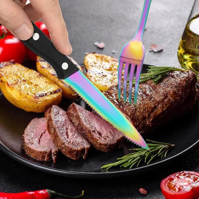 Alt view image 5 of 7 - Rainbow Silverware Sets with Steak Knife - 24 PC Stainless Steel Silverware Sets Service for 4 Dishwasher Safe, Mirror Polished Flatware Set For Home,Restaurant,Hotel, Wedding, Parties