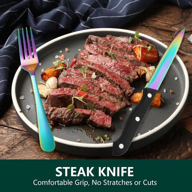 Alt view image 3 of 7 - Rainbow Silverware Sets with Steak Knife - 24 PC Stainless Steel Silverware Sets Service for 4 Dishwasher Safe, Mirror Polished Flatware Set For Home,Restaurant,Hotel, Wedding, Parties