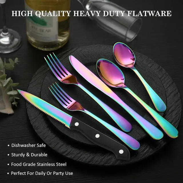 Alt view image 4 of 7 - Rainbow Silverware Sets with Steak Knife - 24 PC Stainless Steel Silverware Sets Service for 4 Dishwasher Safe, Mirror Polished Flatware Set For Home,Restaurant,Hotel, Wedding, Parties
