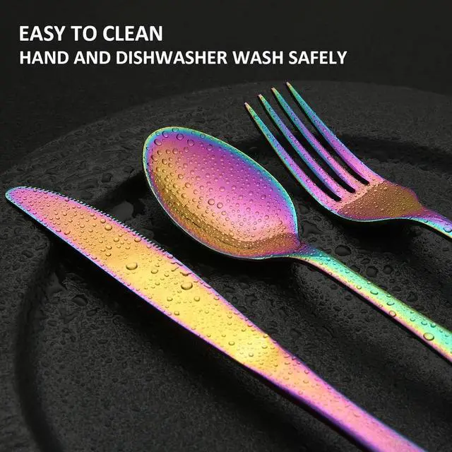 Alt view image 6 of 7 - Rainbow Silverware Sets with Steak Knife - 24 PC Stainless Steel Silverware Sets Service for 4 Dishwasher Safe, Mirror Polished Flatware Set For Home,Restaurant,Hotel, Wedding, Parties