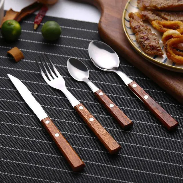 Main image of Forks and Spoons Silverware Set, HAPPY KIT Wooden Handle Flatware Set 16-Piece (4 Sets) 18/8 Stainless Steel Cutlery Set Wooden Spoons Dinner Knife Dinner Fork and Spoon Set