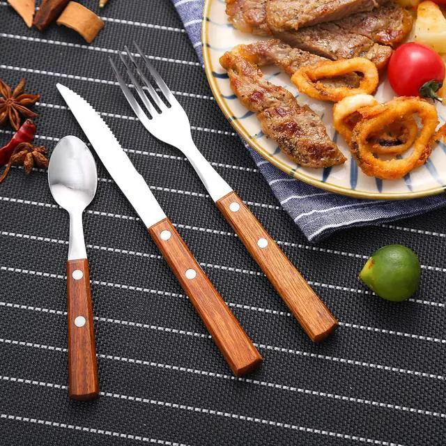 Alt view image 2 of 5 - Forks and Spoons Silverware Set, HAPPY KIT Wooden Handle Flatware Set 16-Piece (4 Sets) 18/8 Stainless Steel Cutlery Set Wooden Spoons Dinner Knife Dinner Fork and Spoon Set