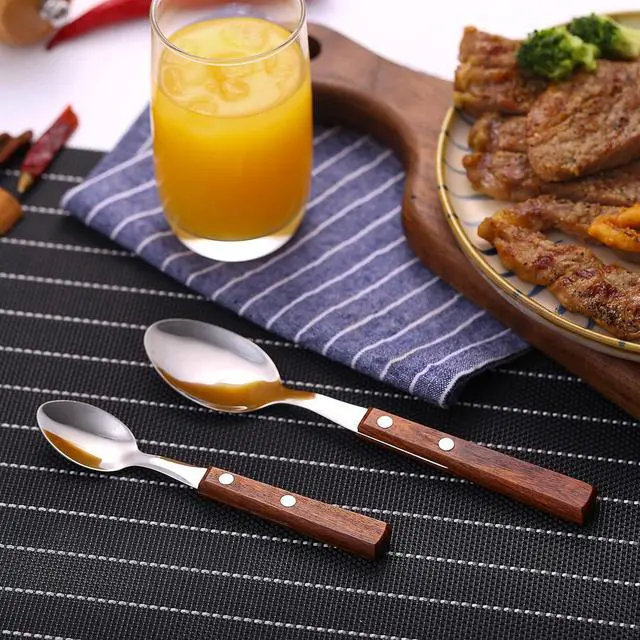 Alt view image 4 of 5 - Forks and Spoons Silverware Set, HAPPY KIT Wooden Handle Flatware Set 16-Piece (4 Sets) 18/8 Stainless Steel Cutlery Set Wooden Spoons Dinner Knife Dinner Fork and Spoon Set