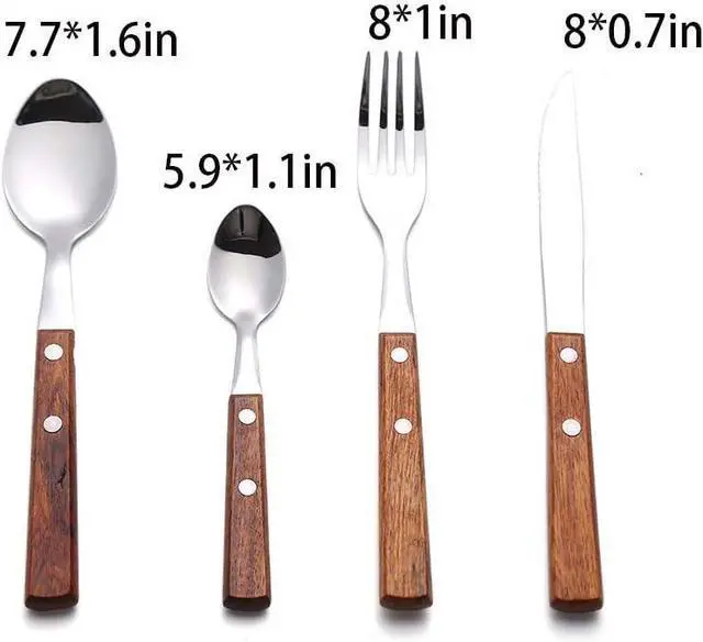 Alt view image 5 of 5 - Forks and Spoons Silverware Set, HAPPY KIT Wooden Handle Flatware Set 16-Piece (4 Sets) 18/8 Stainless Steel Cutlery Set Wooden Spoons Dinner Knife Dinner Fork and Spoon Set