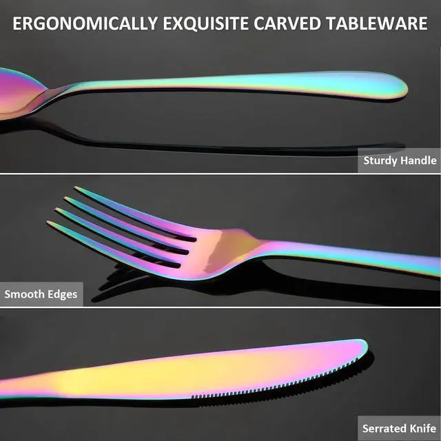 Alt view image 7 of 7 - Rainbow Silverware Sets with Steak Knife - 24 PC Stainless Steel Silverware Sets Service for 4 Dishwasher Safe, Mirror Polished Flatware Set For Home,Restaurant,Hotel, Wedding, Parties