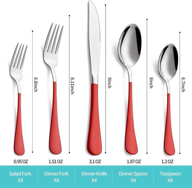 Alt view image 2 of 7 - 20-Piece Red Silverware Set for 4, 18/0 Stainless Steel Flatware Cutlery Utensils Set, Include Dinner Knives,Dinner Forks,Dinner Spoons,Salad Forks,Teaspoons,Dishwasher Safe