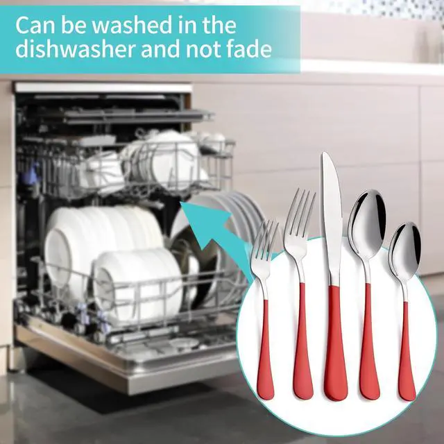 Alt view image 5 of 7 - 20-Piece Red Silverware Set for 4, 18/0 Stainless Steel Flatware Cutlery Utensils Set, Include Dinner Knives,Dinner Forks,Dinner Spoons,Salad Forks,Teaspoons,Dishwasher Safe