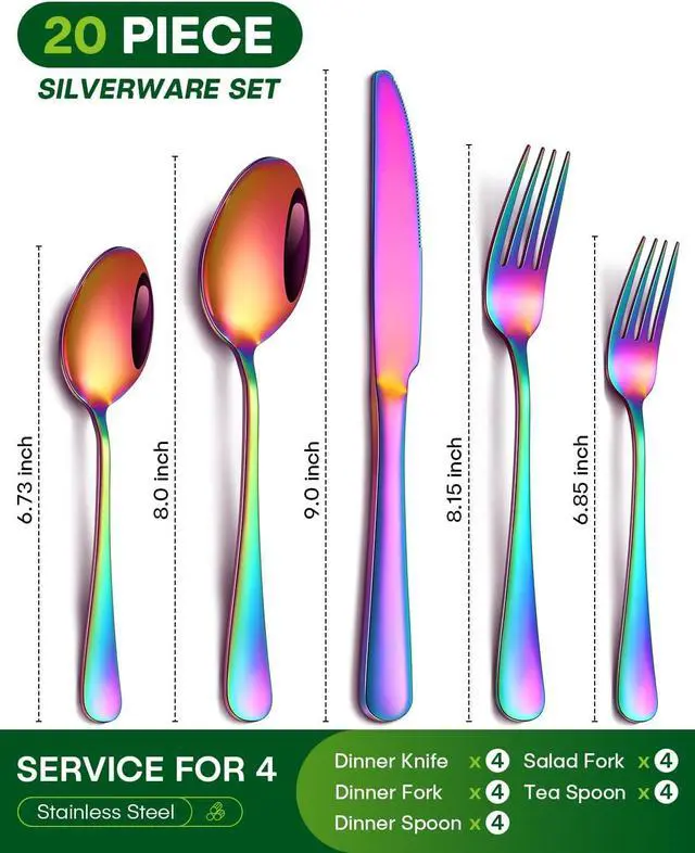 Alt view image 2 of 7 - 20 Piece Rainbow Silverware Set, Stainless Steel Flatware Set for 4 Colorful Cutlery Utensil Set Include Knife Fork Spoon Food Grade Mirror Polished Dishwasher Safe