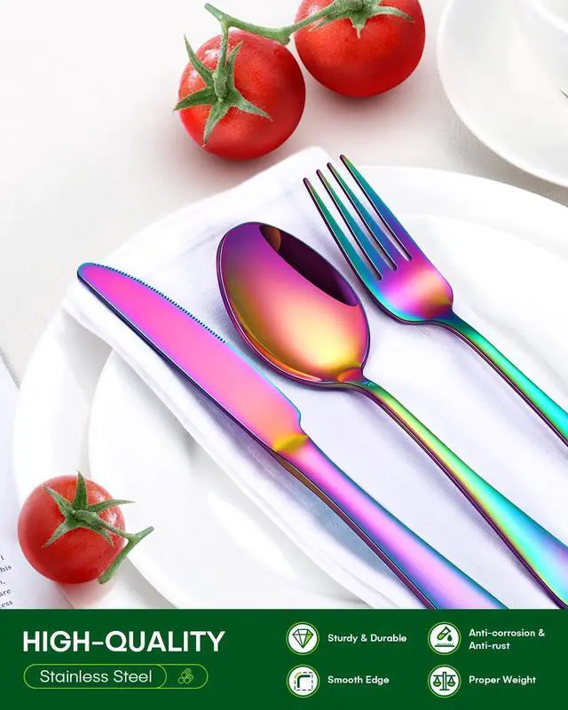 Alt view image 3 of 7 - 20 Piece Rainbow Silverware Set, Stainless Steel Flatware Set for 4 Colorful Cutlery Utensil Set Include Knife Fork Spoon Food Grade Mirror Polished Dishwasher Safe