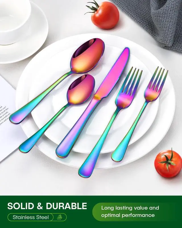Alt view image 7 of 7 - 20 Piece Rainbow Silverware Set, Stainless Steel Flatware Set for 4 Colorful Cutlery Utensil Set Include Knife Fork Spoon Food Grade Mirror Polished Dishwasher Safe