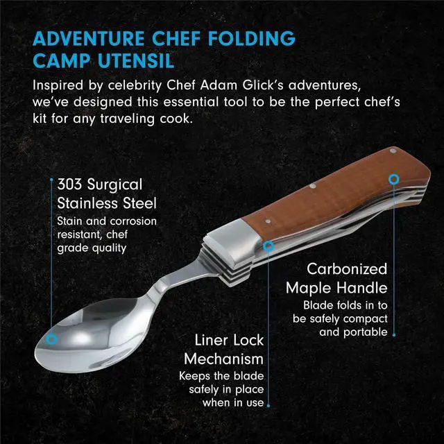 Alt view image 2 of 6 - Messermeister Adventure Chef Folding Camp Utensil - Full-Sized Steak Knife, Fork, Spoon + Bottle Opener - 303 Stainless Steel & Carbonized Maple Handle