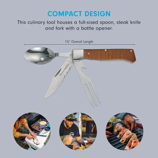 Alt view image 3 of 6 - Messermeister Adventure Chef Folding Camp Utensil - Full-Sized Steak Knife, Fork, Spoon + Bottle Opener - 303 Stainless Steel & Carbonized Maple Handle