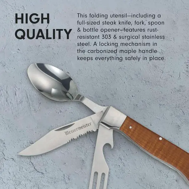 Alt view image 5 of 6 - Messermeister Adventure Chef Folding Camp Utensil - Full-Sized Steak Knife, Fork, Spoon + Bottle Opener - 303 Stainless Steel & Carbonized Maple Handle