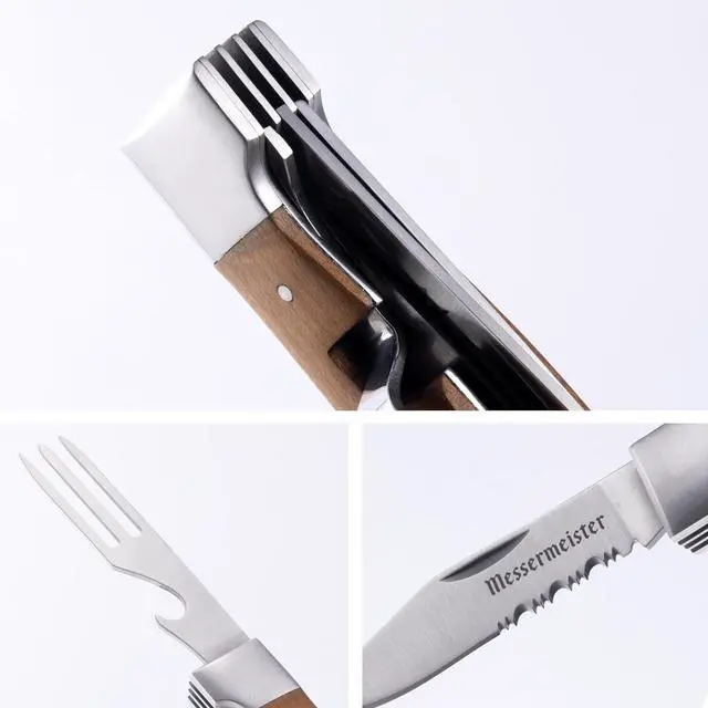 Alt view image 4 of 6 - Messermeister Adventure Chef Folding Camp Utensil - Full-Sized Steak Knife, Fork, Spoon + Bottle Opener - 303 Stainless Steel & Carbonized Maple Handle