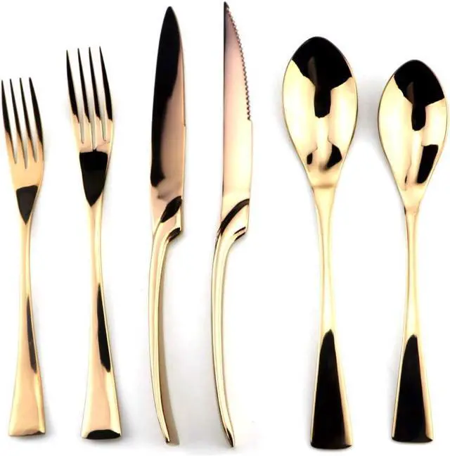 Main image of Rose Gold Stainless Steel Mirror Polished Flatware Set, Steak Knife Dinnerware Knife Fork Salad Fork Dessert Spoon 6-piece, Service for 1