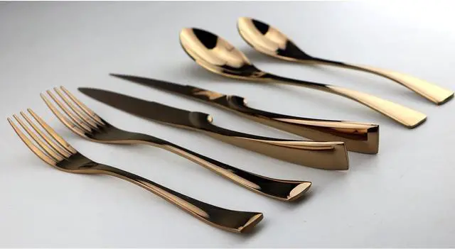 Alt view image 6 of 7 - Rose Gold Stainless Steel Mirror Polished Flatware Set, Steak Knife Dinnerware Knife Fork Salad Fork Dessert Spoon 6-piece, Service for 1