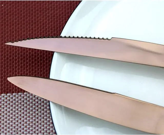 Alt view image 5 of 7 - Rose Gold Stainless Steel Mirror Polished Flatware Set, Steak Knife Dinnerware Knife Fork Salad Fork Dessert Spoon 6-piece, Service for 1