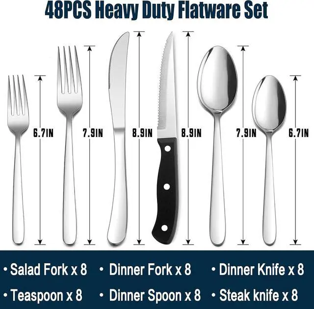 Alt view image 2 of 7 - HaWare 48-Piece Heavy Duty Silverware Set for 8, Stainless Steel Cutlery Flatware Set with Thick Steak Knives, Fancy Eating Utensils For Home Wedding Party, Include Knife, Fork, Spoon, Dishwasher Safe