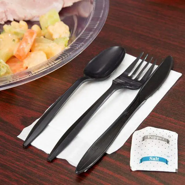 Alt view image 3 of 5 - 150 Plastic Cutlery Packets - Knife Fork Spoon Napkin Salt Pepper Sets | Black Plastic Silverware Sets Individually Wrapped Cutlery Kits, Bulk Plastic Utensil Cutlery Set Disposable To Go Silverware