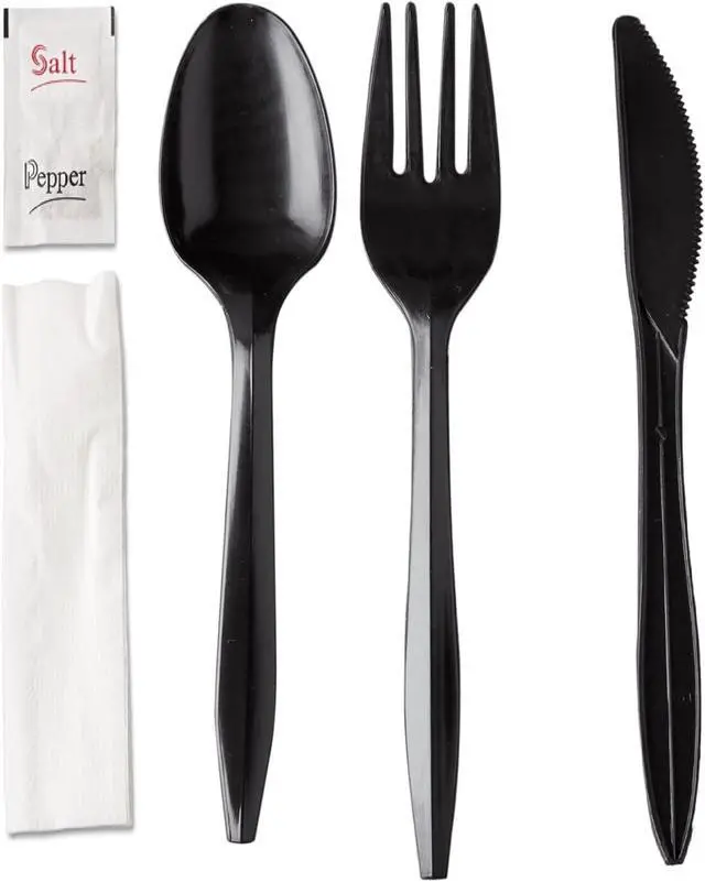 Main image of 150 Plastic Cutlery Packets - Knife Fork Spoon Napkin Salt Pepper Sets | Black Plastic Silverware Sets Individually Wrapped Cutlery Kits, Bulk Plastic Utensil Cutlery Set Disposable To Go Silverware