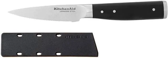Main image of KitchenAid Gourmet Forged Triple Rivet Fine-Edge Utility Knife with Custom-Fit Blade Cover, 4.5-inch, Sharp Kitchen Knife, High-Carbon Japanese Stainless Steel Blade, Black