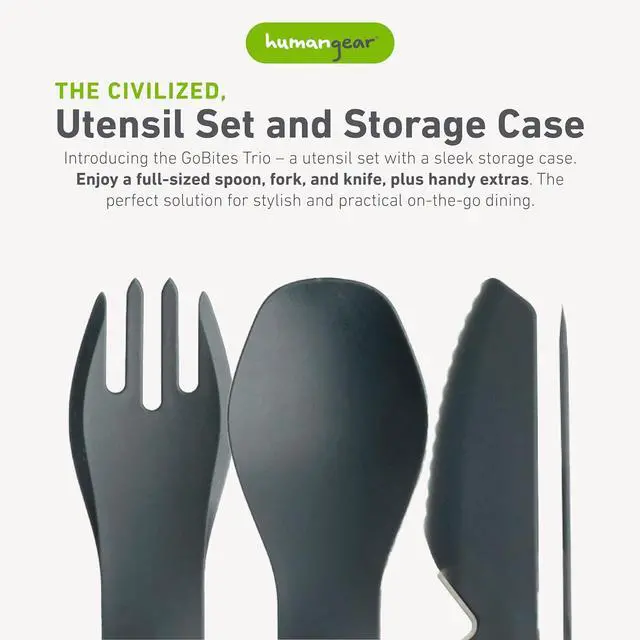 Alt view image 2 of 6 - humangear GoBites Trio - Travel & Camping Utensils - Portable & Convertible Dining Ware - Multi-Functional Knife, Fork, Spoon & Toothpick, Gray