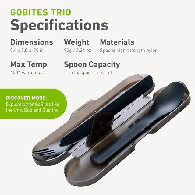 Alt view image 5 of 6 - humangear GoBites Trio - Travel & Camping Utensils - Portable & Convertible Dining Ware - Multi-Functional Knife, Fork, Spoon & Toothpick, Gray