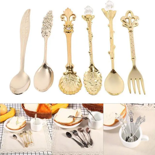 Alt view image 3 of 7 - 6Pcs/Set Flatware Vintage Spoon Dessert Coffee Mixing Spoon Teaspoon Ice Cream Spoon Fruit Fork Royal Metal Mini Carved Tableware Fruit Spoon for Kitchen Dining Sweet