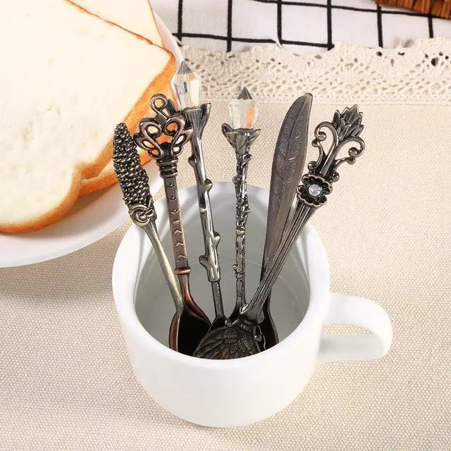 Alt view image 5 of 7 - 6Pcs/Set Flatware Vintage Spoon Dessert Coffee Mixing Spoon Teaspoon Ice Cream Spoon Fruit Fork Royal Metal Mini Carved Tableware Fruit Spoon for Kitchen Dining Sweet