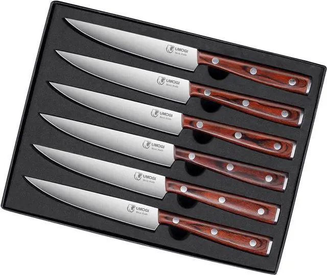 Main image of Premium Steak Knives Set of 6 in Gift Box - Polished Wood Handle, HC German Stainless Steel, Straight Edge Non Serrated - 4.8''Dinner Knife, Kitchen Tableware Knives Cutlery Set