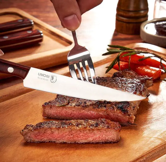 Alt view image 3 of 6 - Premium Steak Knives Set of 6 in Gift Box - Polished Wood Handle, HC German Stainless Steel, Straight Edge Non Serrated - 4.8''Dinner Knife, Kitchen Tableware Knives Cutlery Set