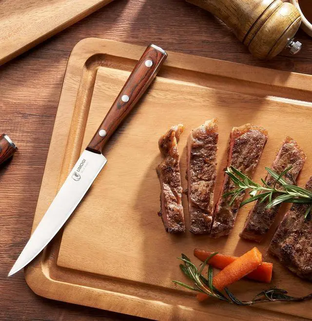 Alt view image 2 of 6 - Premium Steak Knives Set of 6 in Gift Box - Polished Wood Handle, HC German Stainless Steel, Straight Edge Non Serrated - 4.8''Dinner Knife, Kitchen Tableware Knives Cutlery Set