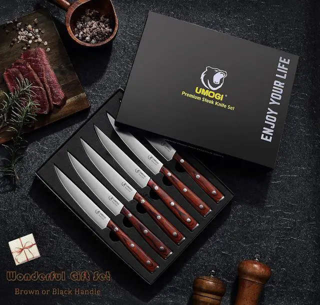 Alt view image 5 of 6 - Premium Steak Knives Set of 6 in Gift Box - Polished Wood Handle, HC German Stainless Steel, Straight Edge Non Serrated - 4.8''Dinner Knife, Kitchen Tableware Knives Cutlery Set