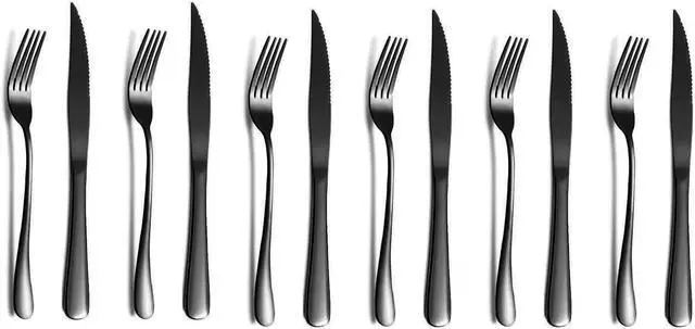 Main image of 12-piece Black Steak Knives Set, Fork And Knives Set For 6, Stainless Steel Knife Set Of 12, Dishwasher Safe