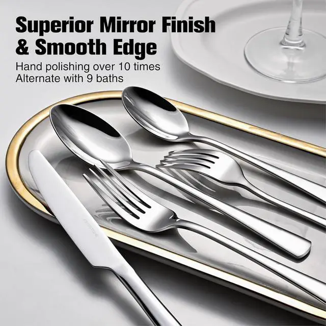 Alt view image 5 of 6 - KINGSTONE 18/10 Stainless Steel Flatware, 15-Piece Forged Silverware Set for 3, Mirror Polished Cutlery Set Dishwaher Safe for Home, Restaurant, Wedding, Party