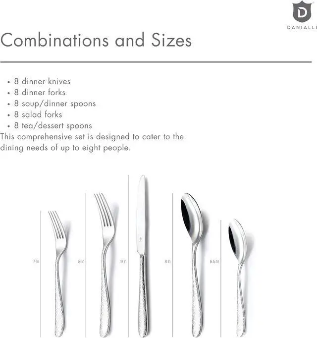 Alt view image 6 of 7 - Hammered Silverware Set | Premium 18/10 Stainless Steel Flatware Service for 8 | Heavy-Duty & Dishwasher Safe | Built to Last (40-Piece, Fidenza Hammered)