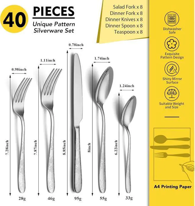 Alt view image 2 of 7 - 40 Piece Silverware Set, Service for 8, EIUBUIE Premium Stainless Steel Cutlery Set, Mirror Polished Flatware Sets with Pattern Handle, Modern Kitchen Eating Utensils Sets