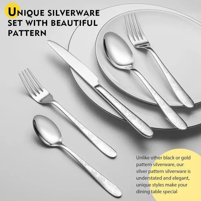 Alt view image 3 of 7 - 40 Piece Silverware Set, Service for 8, EIUBUIE Premium Stainless Steel Cutlery Set, Mirror Polished Flatware Sets with Pattern Handle, Modern Kitchen Eating Utensils Sets